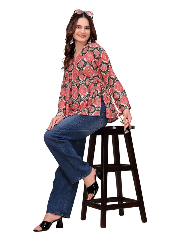 Cotton_Rayon_Ajrakh_Style_Print_V_Neck_Peplum_Short_Kurti