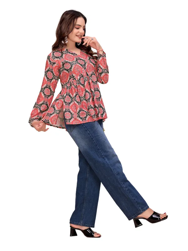 Cotton_Rayon_Ajrakh_Style_Print_V_Neck_Peplum_Short_Kurti
