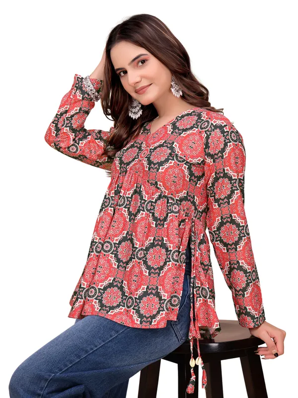 Cotton_Rayon_Ajrakh_Style_Print_V_Neck_Peplum_Short_Kurti
