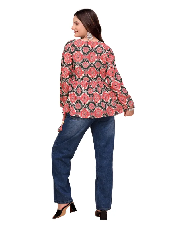 Cotton_Rayon_Ajrakh_Style_Print_V_Neck_Peplum_Short_Kurti