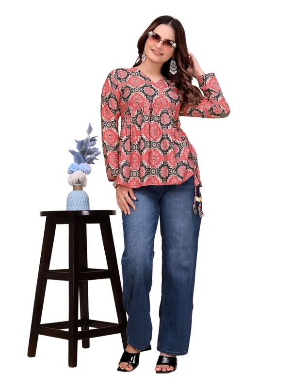 Cotton_Rayon_Ajrakh_Style_Print_V_Neck_Peplum_Short_Kurti
