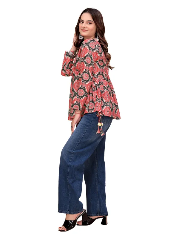 Cotton_Rayon_Ajrakh_Style_Print_V_Neck_Peplum_Short_Kurti