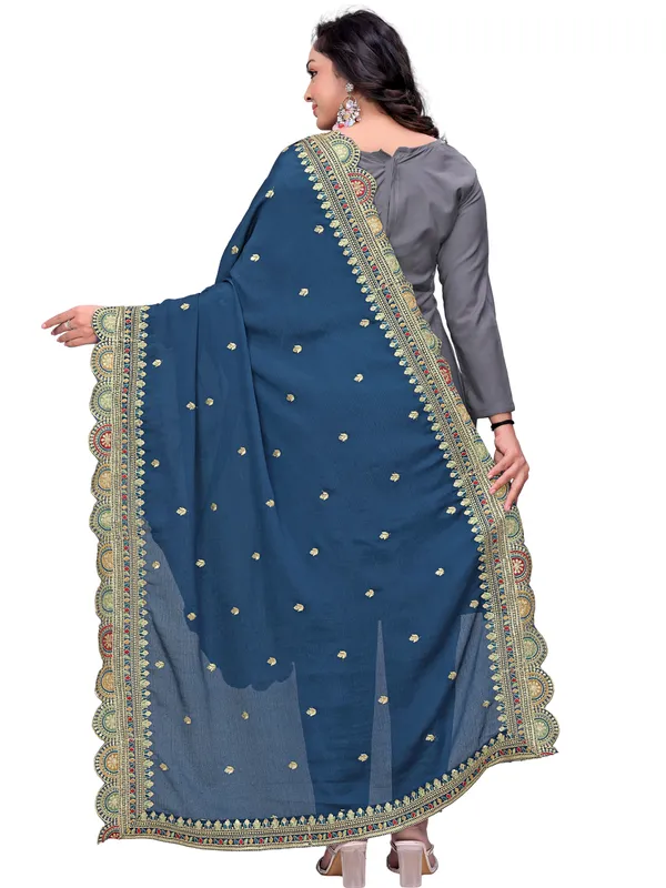 Chinon_Thread_Work_Dupatta_With_Multicolour_Scalloped_Border_Navy_Blue