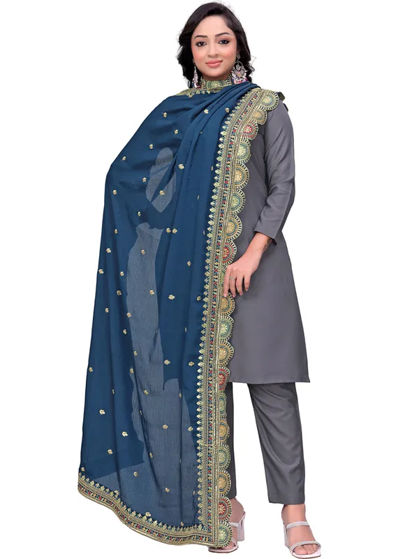 Chinon_Thread_Work_Dupatta_With_Multicolour_Scalloped_Border_Navy_Blue