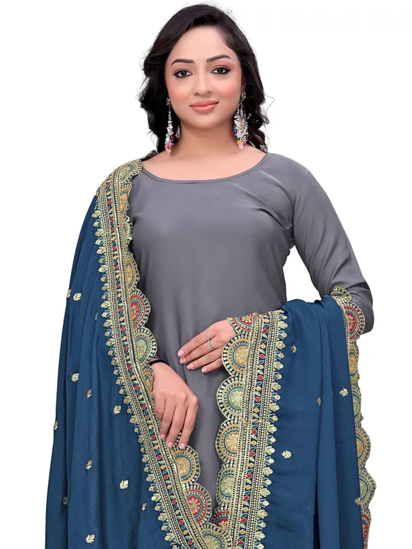 Chinon_Thread_Work_Dupatta_With_Multicolour_Scalloped_Border_Navy_Blue