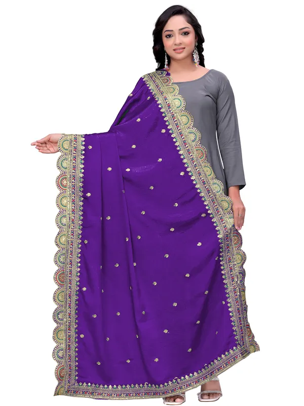 Chinon_Thread_Work_Dupatta_With_Multicolour_Scalloped_Border_Violet