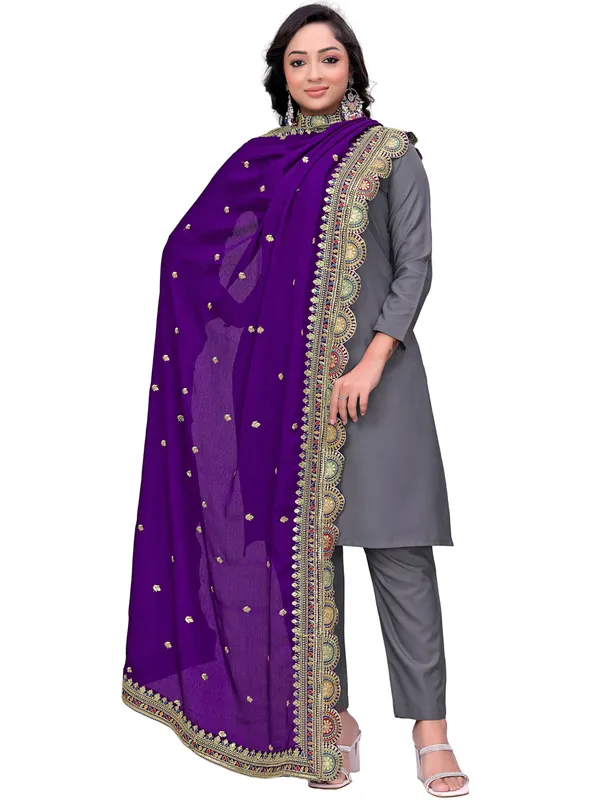 Chinon_Thread_Work_Dupatta_With_Multicolour_Scalloped_Border_Violet