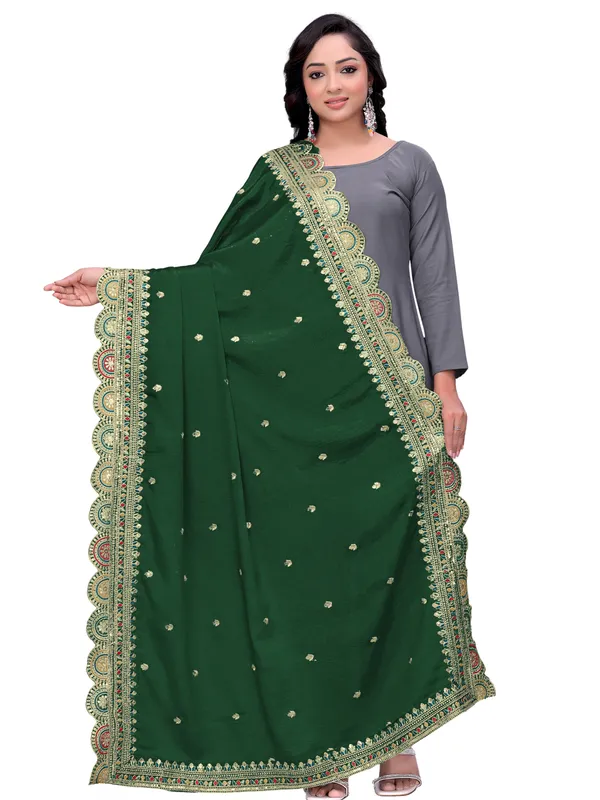 Chinon_Thread_Work_Dupatta_With_Multicolour_Scalloped_Border_Green