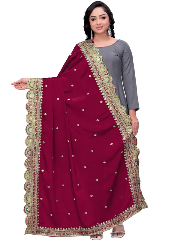 Chinon_Thread_Work_Dupatta_With_Multicolour_Scalloped_Border_Maroon