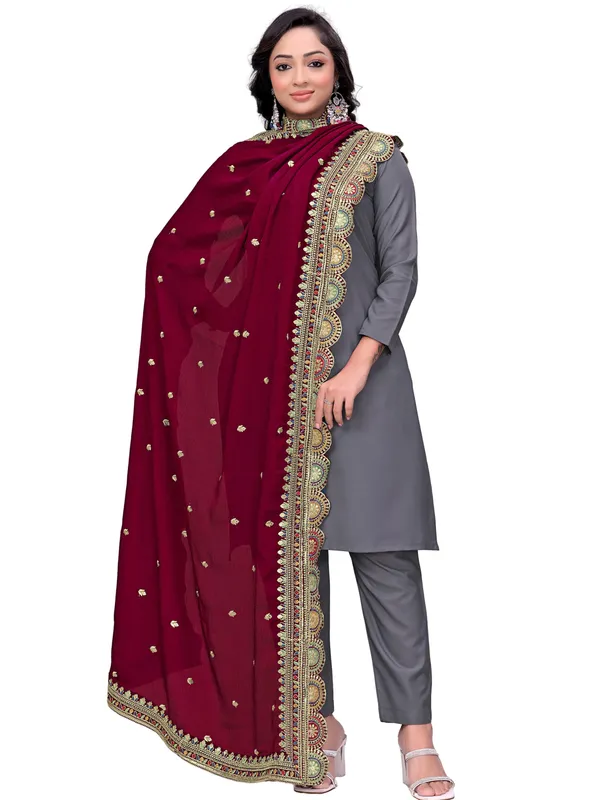 Chinon_Thread_Work_Dupatta_With_Multicolour_Scalloped_Border_Maroon