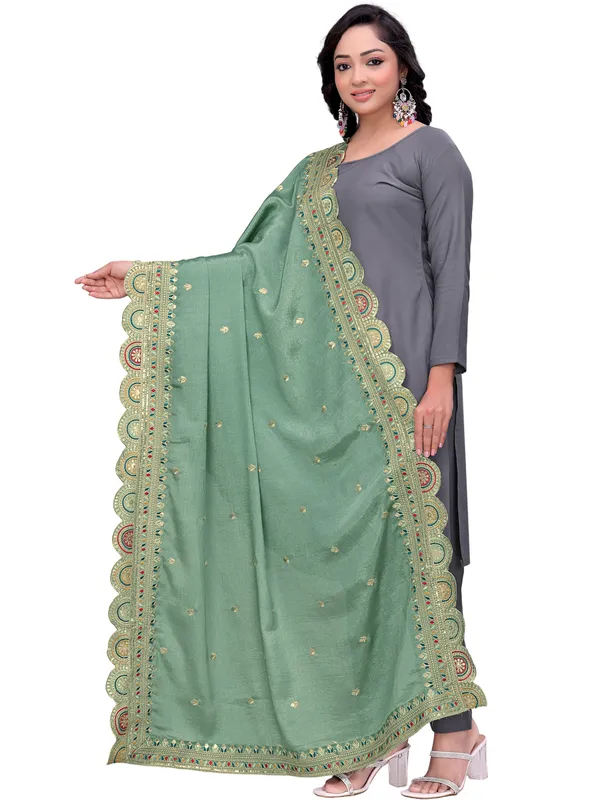 Chinon_Thread_Work_Dupatta_With_Multicolour_Scalloped_Border_Pista_Green