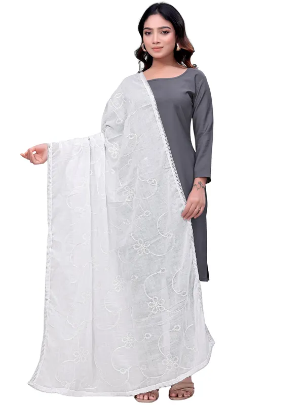 Cotton_Embroidered_Dupatta_With_Floral_Jaal_Lace_Border_White