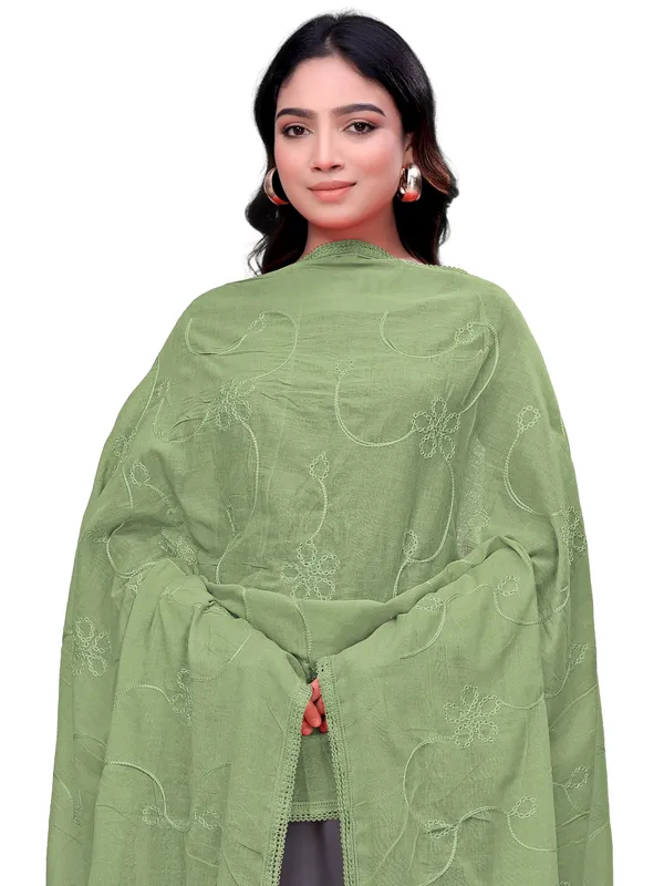 Cotton_Embroidered_Dupatta_With_Floral_Jaal_Lace_Border_Pista_Green