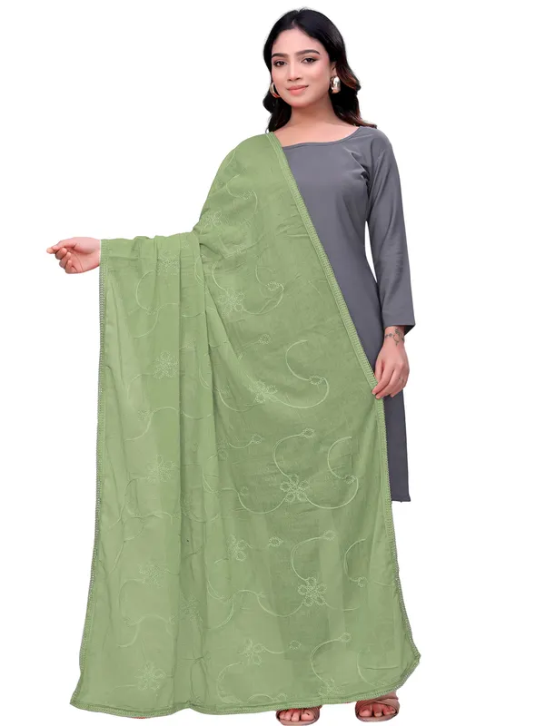 Cotton_Embroidered_Dupatta_With_Floral_Jaal_Lace_Border_Pista_Green