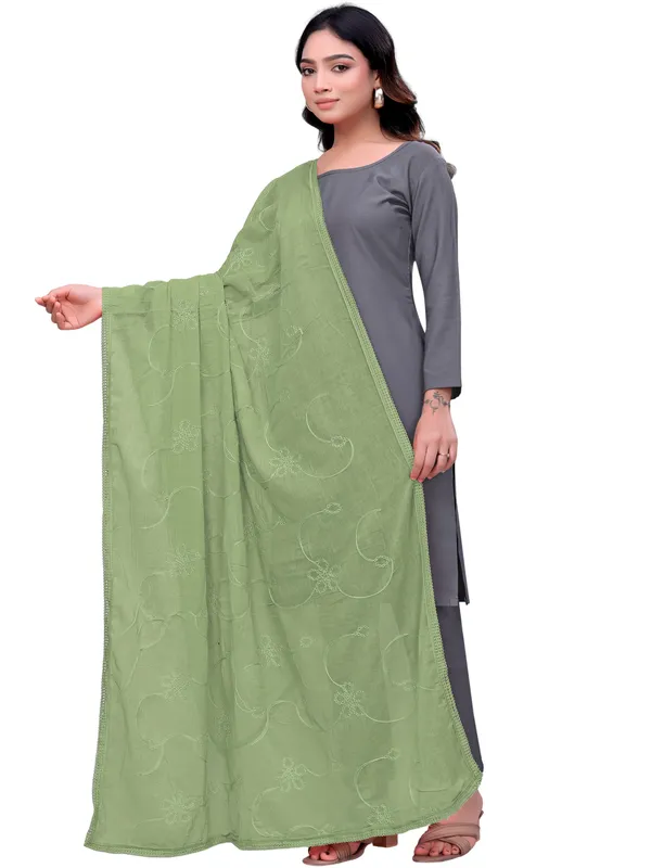Cotton_Embroidered_Dupatta_With_Floral_Jaal_Lace_Border_Pista_Green