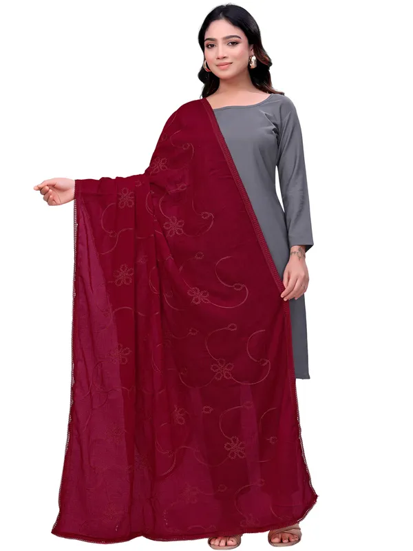 Cotton_Embroidered_Dupatta_With_Floral_Jaal_Lace_Border_Maroon