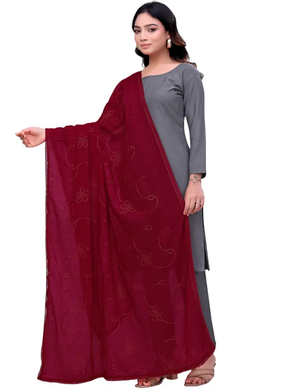 Cotton_Embroidered_Dupatta_With_Floral_Jaal_Lace_Border_Maroon