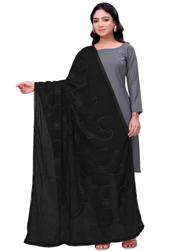 Cotton_Embroidered_Dupatta_With_Floral_Jaal_Lace_Border_Black