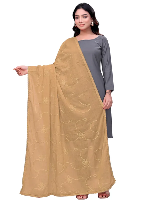 Cotton_Embroidered_Dupatta_With_Floral_Jaal_Lace_Border_Gold