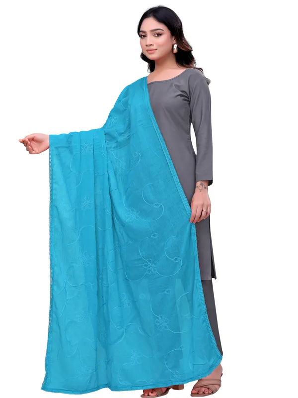 Cotton_Embroidered_Dupatta_With_Floral_Jaal_Lace_Border_Sky_Blue