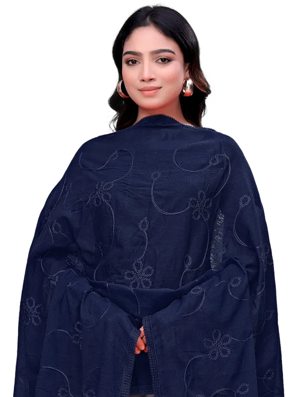 Cotton_Embroidered_Dupatta_With_Floral_Jaal_Lace_Border_Navy_Blue