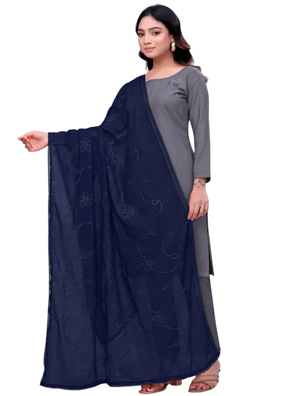 Cotton_Embroidered_Dupatta_With_Floral_Jaal_Lace_Border_Navy_Blue