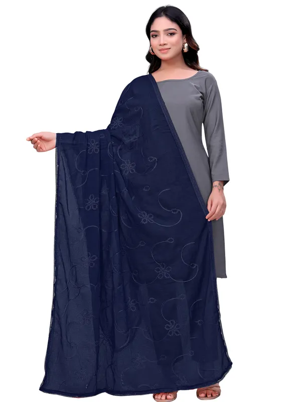 Cotton_Embroidered_Dupatta_With_Floral_Jaal_Lace_Border_Navy_Blue