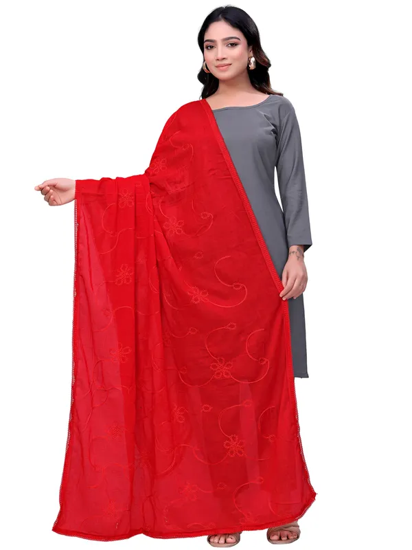 Cotton_Embroidered_Dupatta_With_Floral_Jaal_Lace_Border_Red
