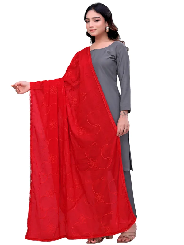 Cotton_Embroidered_Dupatta_With_Floral_Jaal_Lace_Border_Red