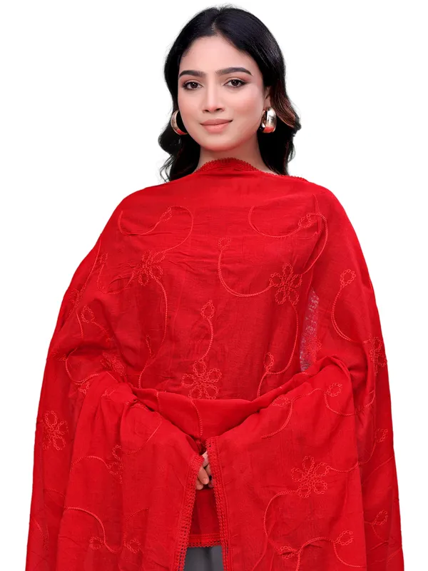 Cotton_Embroidered_Dupatta_With_Floral_Jaal_Lace_Border_Red