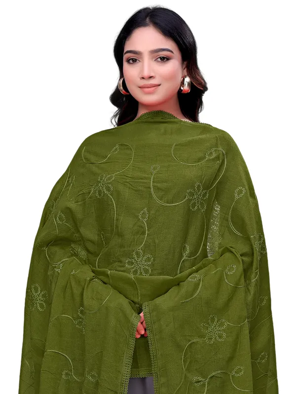 Cotton_Embroidered_Dupatta_With_Floral_Jaal_Lace_Border_Mahendi_Green