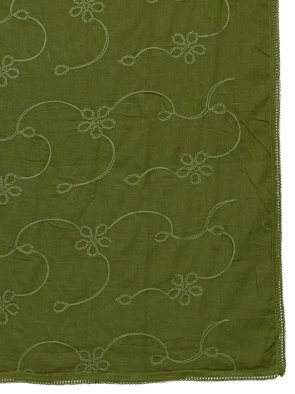 Cotton_Embroidered_Dupatta_With_Floral_Jaal_Lace_Border_Mahendi_Green