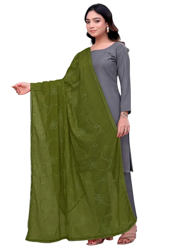 Cotton_Embroidered_Dupatta_With_Floral_Jaal_Lace_Border_Mahendi_Green