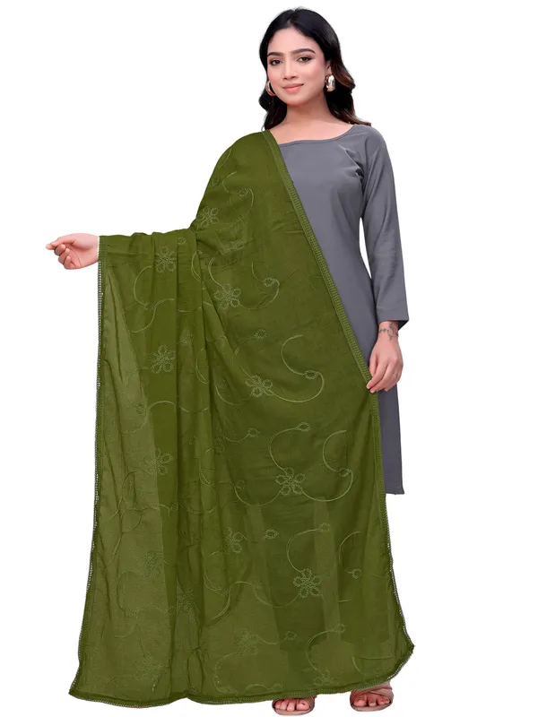 Cotton_Embroidered_Dupatta_With_Floral_Jaal_Lace_Border_Mahendi_Green
