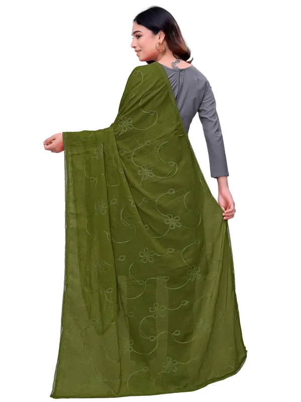 Cotton_Embroidered_Dupatta_With_Floral_Jaal_Lace_Border_Mahendi_Green