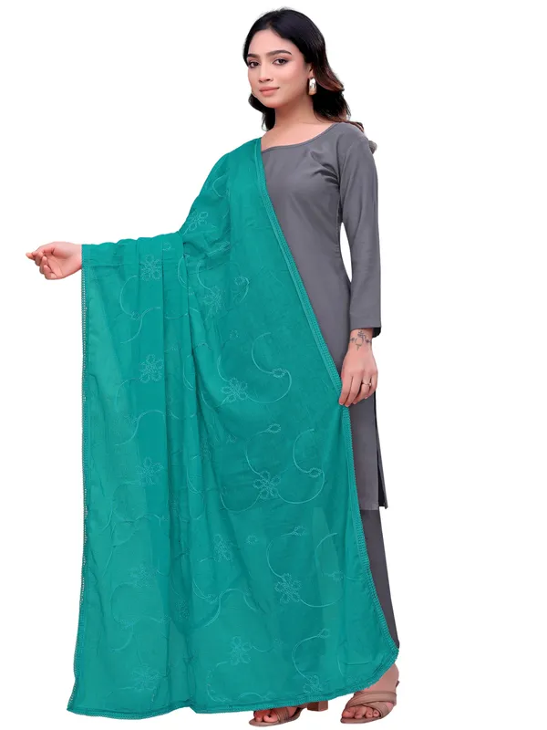 Cotton_Embroidered_Dupatta_With_Floral_Jaal_Lace_Border_Rama_Green