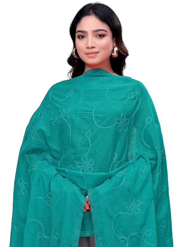 Cotton_Embroidered_Dupatta_With_Floral_Jaal_Lace_Border_Rama_Green