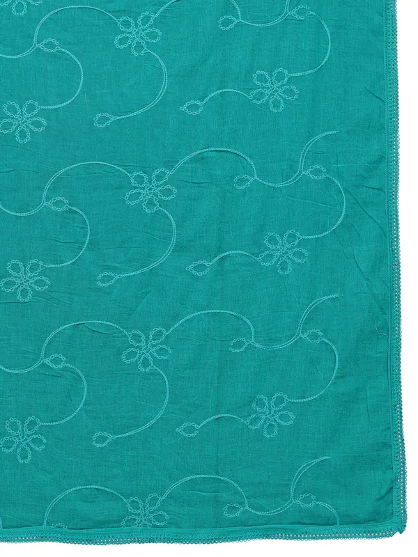 Cotton_Embroidered_Dupatta_With_Floral_Jaal_Lace_Border_Rama_Green
