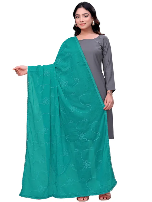 Cotton_Embroidered_Dupatta_With_Floral_Jaal_Lace_Border_Rama_Green