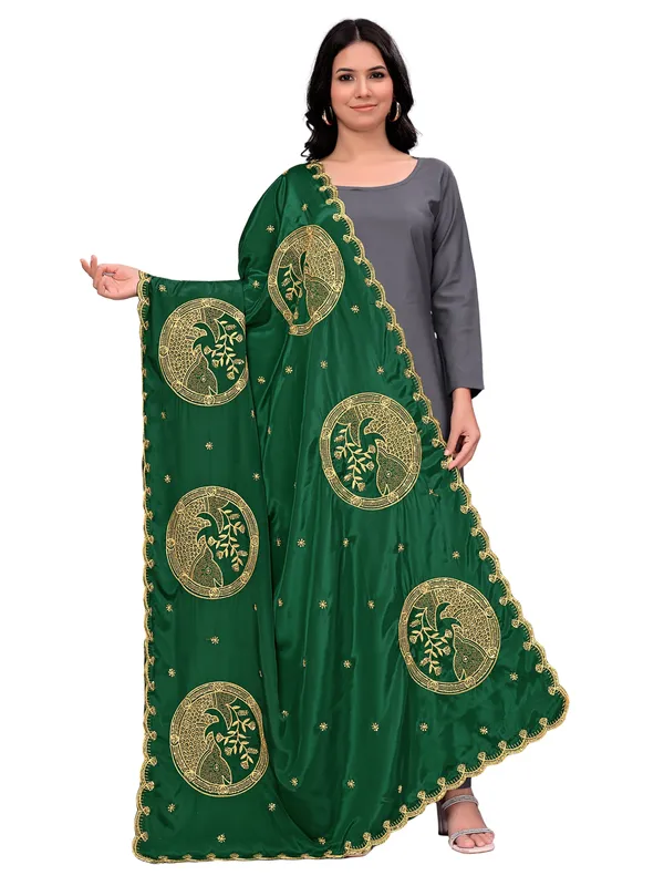 Crepe_Art_Silk_Dupatta_With_Zari_Embroidered_Fish_Motifs_Green