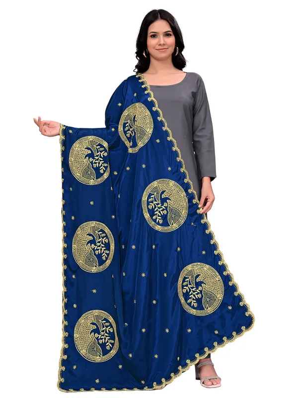 Crepe_Art_Silk_Dupatta_With_Zari_Embroidered_Fish_Motifs_Navy_Blue