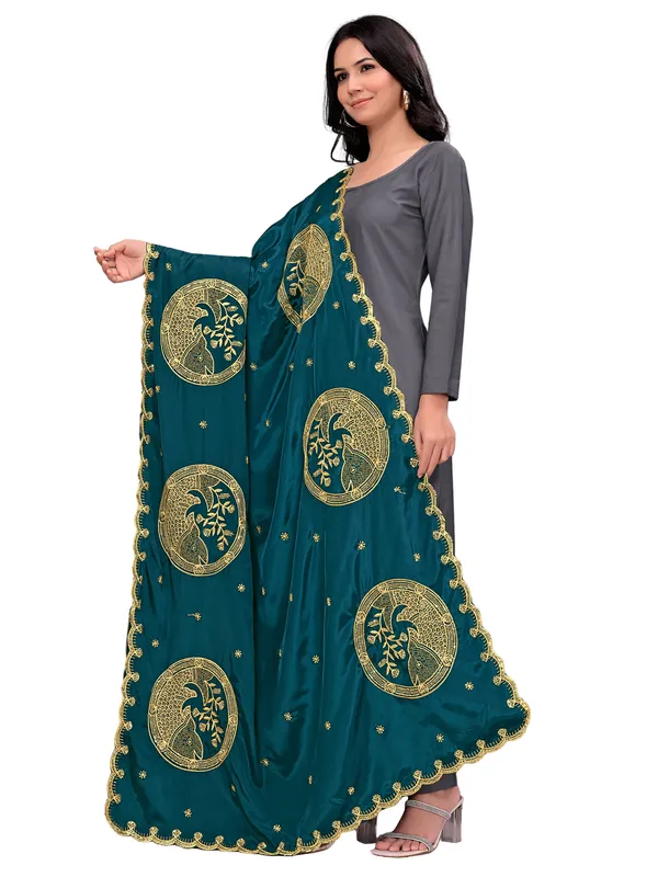 Crepe_Art_Silk_Dupatta_With_Zari_Embroidered_Fish_Motifs_Kerosin_Blue