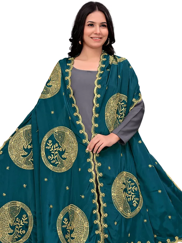 Crepe_Art_Silk_Dupatta_With_Zari_Embroidered_Fish_Motifs_Kerosin_Blue