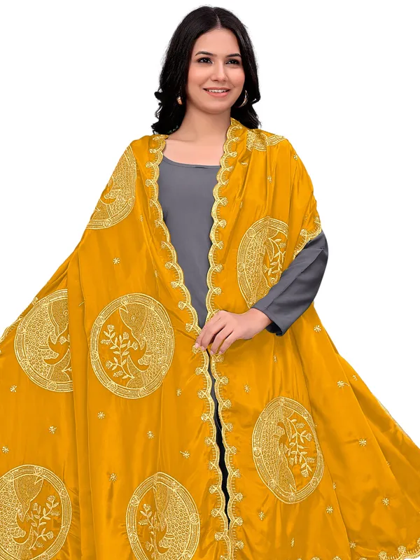 Crepe_Art_Silk_Dupatta_With_Zari_Embroidered_Fish_Motifs_Mustard_Yellow
