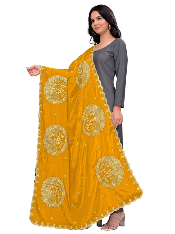 Crepe_Art_Silk_Dupatta_With_Zari_Embroidered_Fish_Motifs_Mustard_Yellow