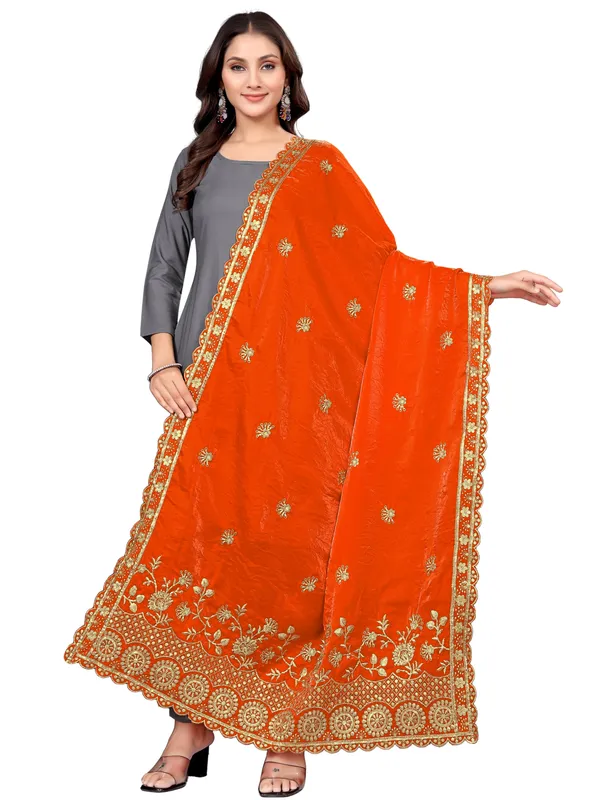 Art_Silk_Dupatta_With_Heavy_Zari_Sequin_Embroidered_Border_Orange