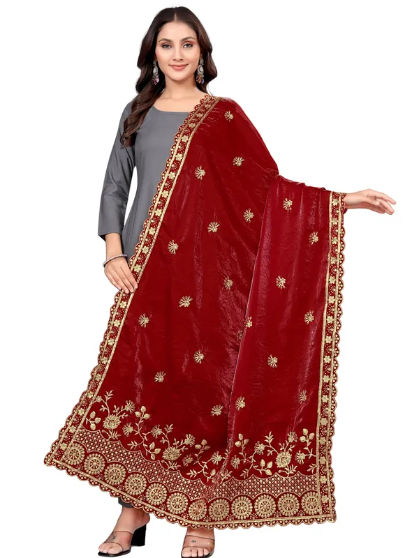 Art_Silk_Dupatta_With_Heavy_Zari_Sequin_Embroidered_Border_Maroon