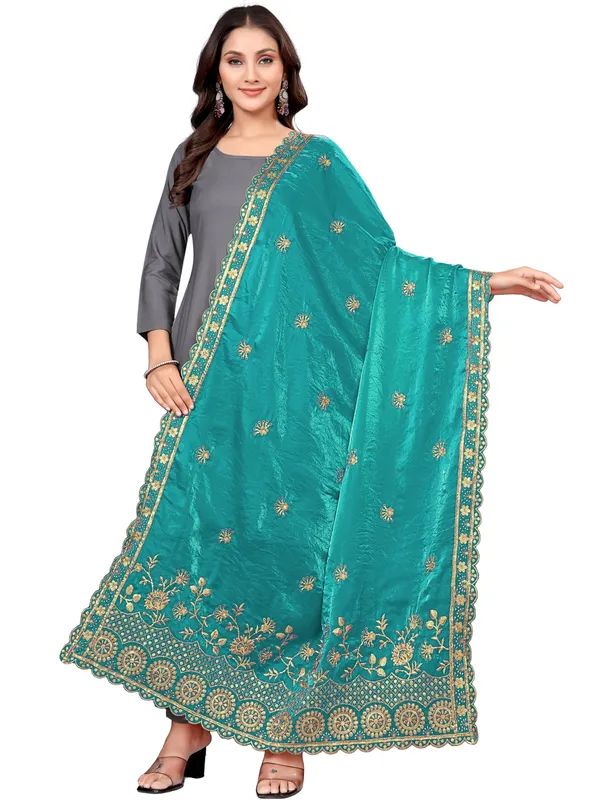 Art_Silk_Dupatta_With_Heavy_Zari_Sequin_Embroidered_Border_Rama_Green