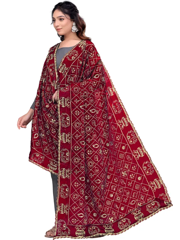 Art_Silk_Embroidered_Dupatta_With_Elephant_Kalash_Motifs_Maroon