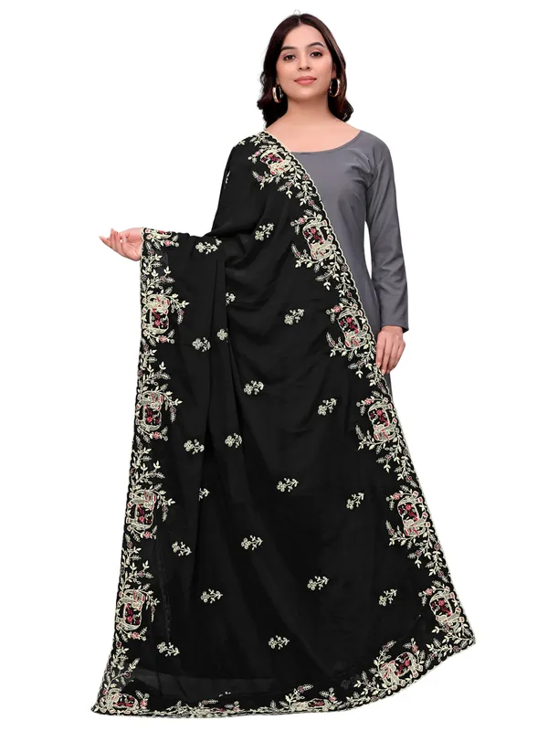 Georgette_Embroidered_Dupatta_With_Elephant_Floral_Border_Black